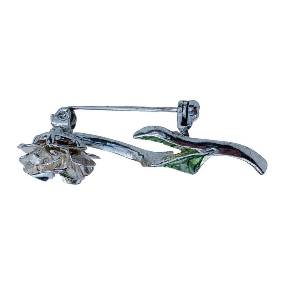 Vintage AVON Pink Shimmer Rhinestone Rose Silver Tone Brooch Pin - Picture 3 of 6
